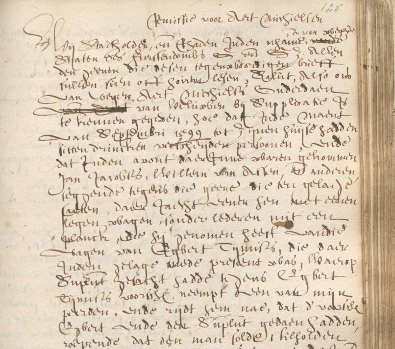 Scans van een handgeschreven pagina uit het Remissieboek van het Hof van Gelre en Zutphen (1599), met het verzoekschrift van Aert Michielsen over de doodslag op Jan Tijmiss.