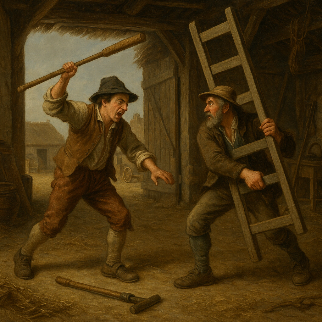 Twee boerenknechten ruziën heftig op de deel van een 18e-eeuwse boerderij; de een zwaait met een schuddegavel, terwijl de ander zich verweert met een ladder. Een vlegelknuppel ligt op de grond. De scene speelt zich af in een landelijke, met stro en werktuigen gevulde omgeving.