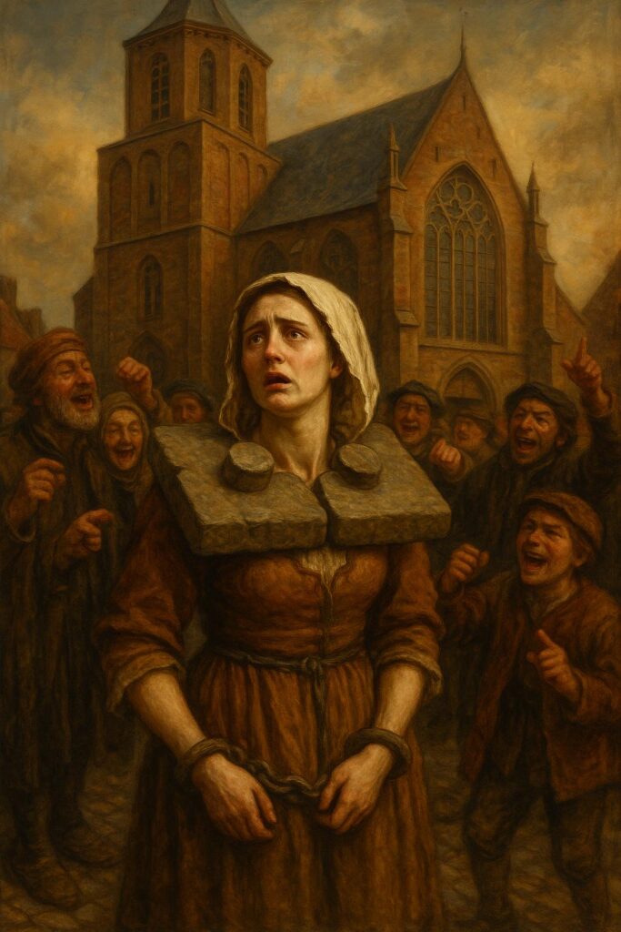 Middeleeuwse vrouw met schandstenen om haar nek staat voor de kerk, omringd door een joelende menigte; geschilderd in olieverfstijl.